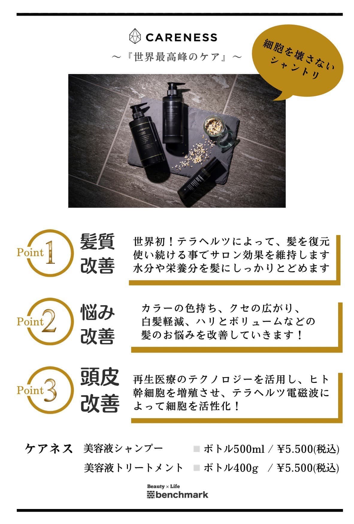 富士宮美容室ベンチマークがおすすめする、ケアネス 美容液シャンプー ボトル500mL￥5,500(税込)美容液トリートメント400g￥5,500(税込)～『世界最高峰のケア』～細胞を壊さないシャントリ【ポイント１】髪質改善：世界初！テラヘルツによって、髪を復元。使い続ける事でサロン効果を維持します。水分や栄養分を髪にしっかりとどめます。【ポイント２】悩み改善：カラーの色持ち、クセの広がり、白髪軽減、ハリとボリュームなどの髪のお悩みを改善していきます！【ポイント３】頭皮改善：再生医療のテクノロジーを活用し、ヒト幹細胞を増殖させ、テラヘルツ電磁波によって細胞を活性化！